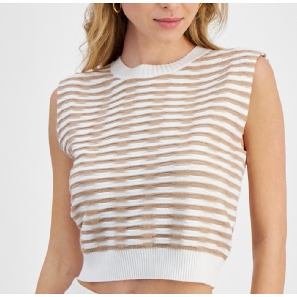 Lucy Paris Womens Tan White Striped Textured Knit Sleeveless Sweater Vest Size M